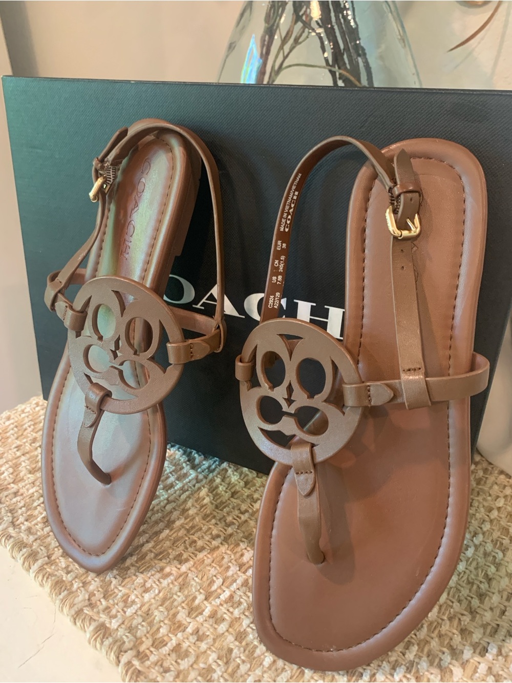 NIB Coach Brown Leather Logo Sandal with Gold Buckle